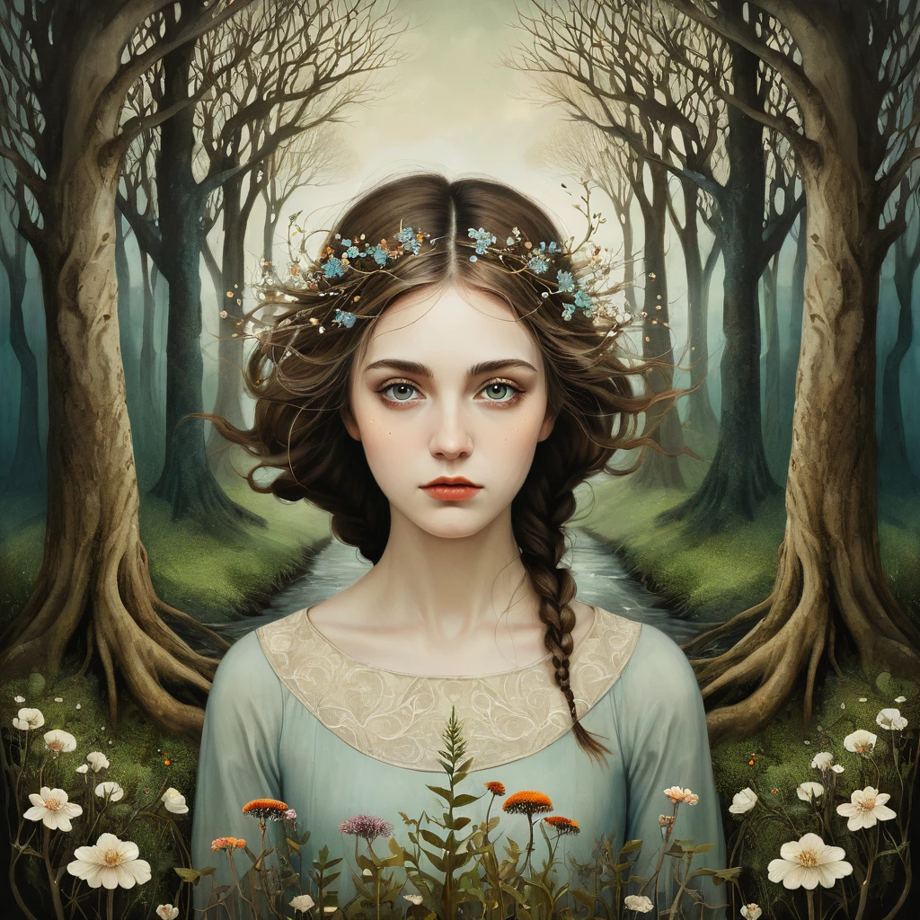 oil and acrylic painting of a coastal scene. In the style of Reylia Slaby, Catrin Welz-Stein and Jean Baptiste Monge. a young woman, with light brown hair has a road behind her that splits into two parts, one goes into a dark forest with twisted trees and rotten flowers, the other to one with flowery meadow, trees and streams. detailed face, beautiful eyes, long eyelashes, elegant expression, medieval fantasy landscape, dramatic lighting, moody atmosphere, cinematic composition, digital painting, highly detailed, photorealistic, dramatic lighting, complementary color scheme, intricate details, epic scale, dramatic atmosphere