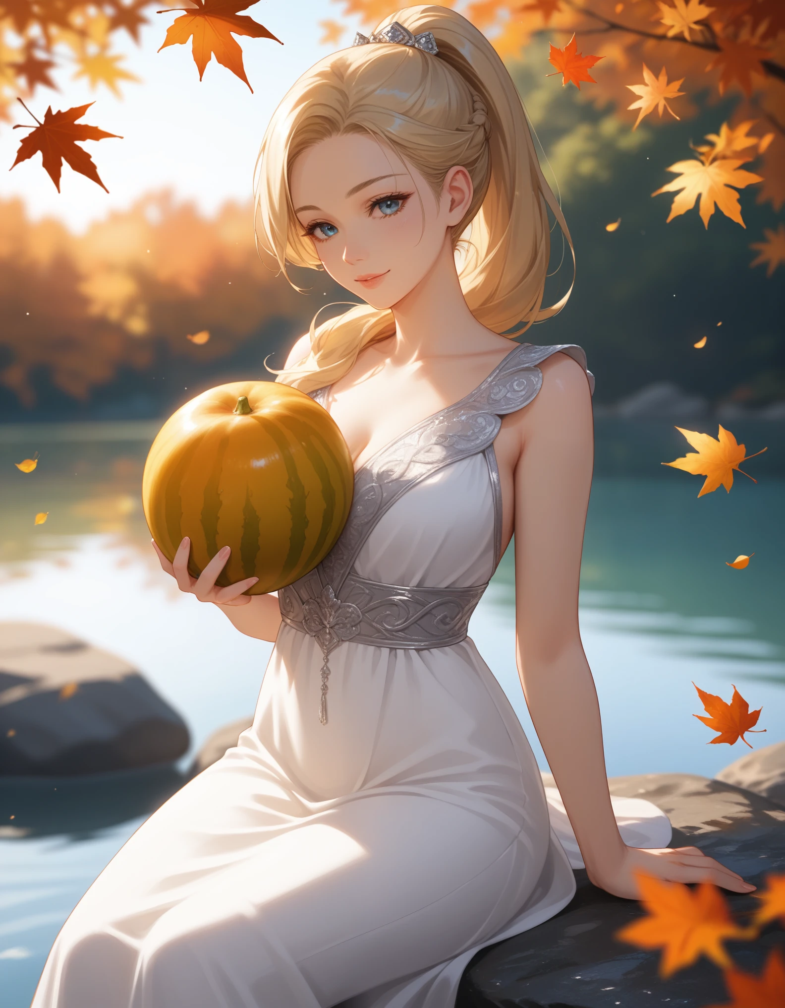 score_9, score_8_up, score_7_up, 1girl, solo, close-up portrait, gentle woman, ponytail, blonde hair, autumn leaves, beautiful eyes, flowing velvet dress with silver embroidery, (holding a big melon slice), (sitting on a rock), autumn lake, golden sunlight, soft bokeh.
