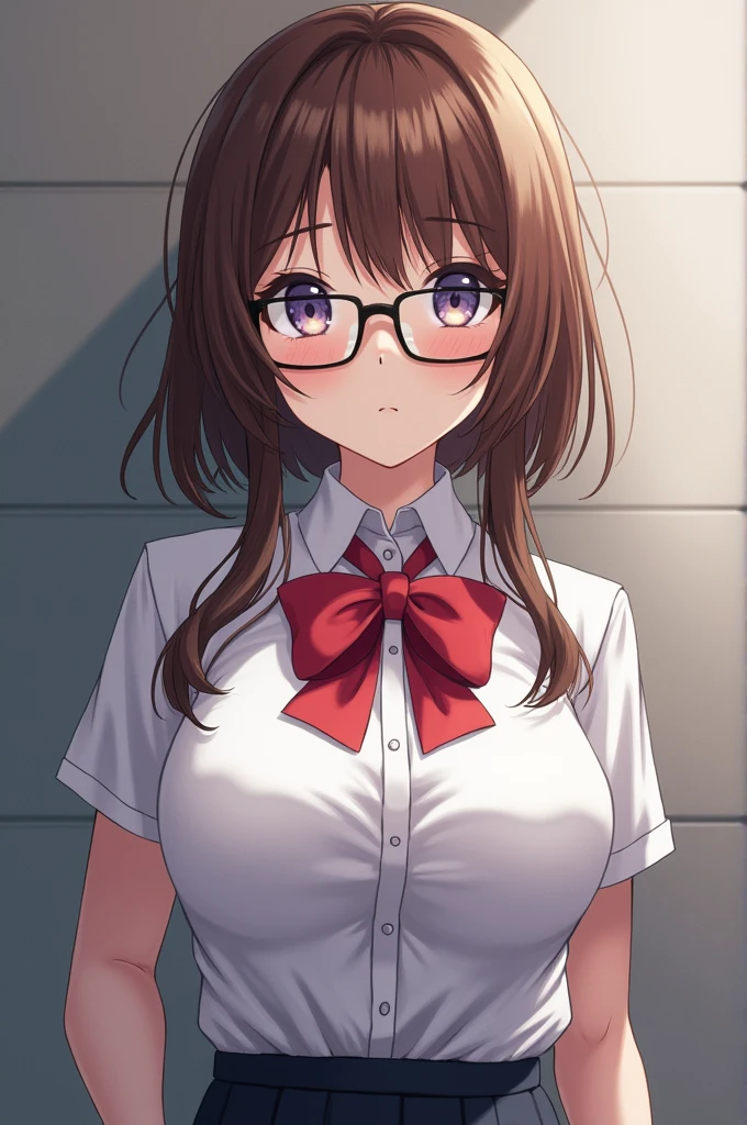 ((Highest quality)), ((masterpiece)), (detailed), woman,Age 20,student,student服,uniform,(White shirt),(Navy Blue Skirt),(Open the front of your shirt),(mini skirt),Glasses,Big Breasts,blush,Underbust,(Her cleavage is visible),(Excited expression),(Seduce),night,indoor,Remains,nightのRemains,Dim lighting,(In a dimly lit room),(In a messy room),Browsing Caution,sexy,dirty,Sweat,(Black knee-high socks),(Lift your chest with both hands),(Sticking out tongue),(The mouth becomes white and dirty),Brown Hair