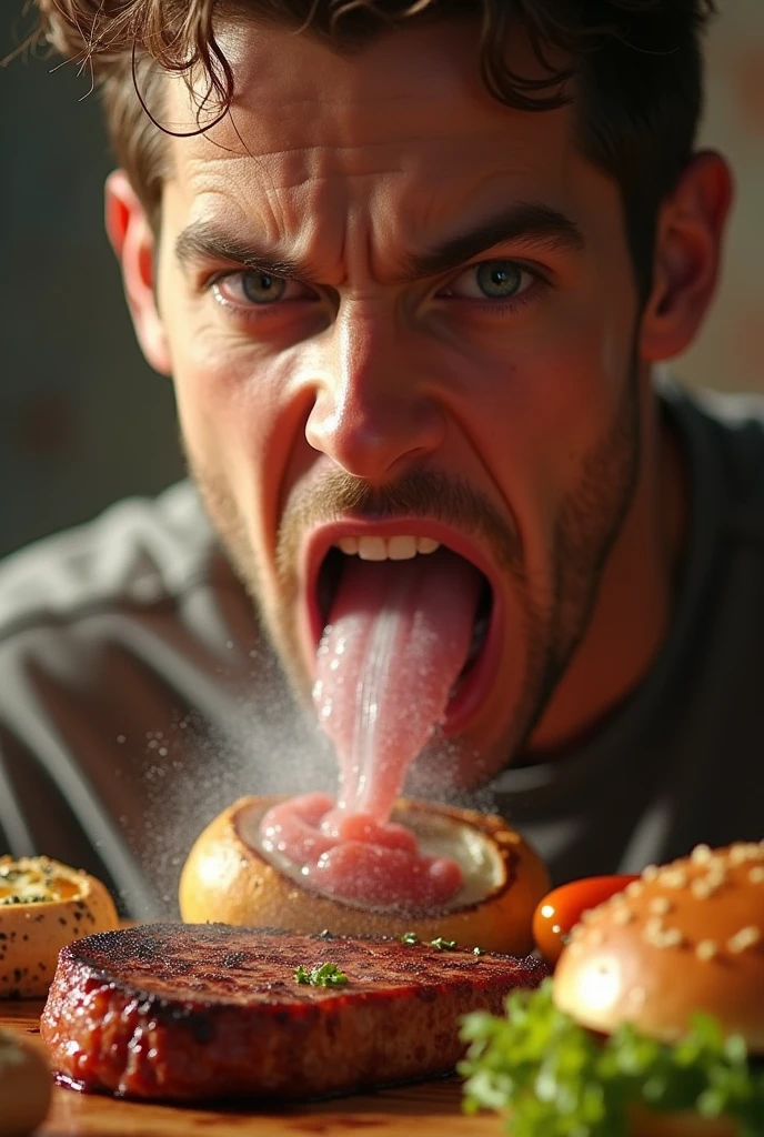 Art man cannibal handsome photo beard Raw meat eat