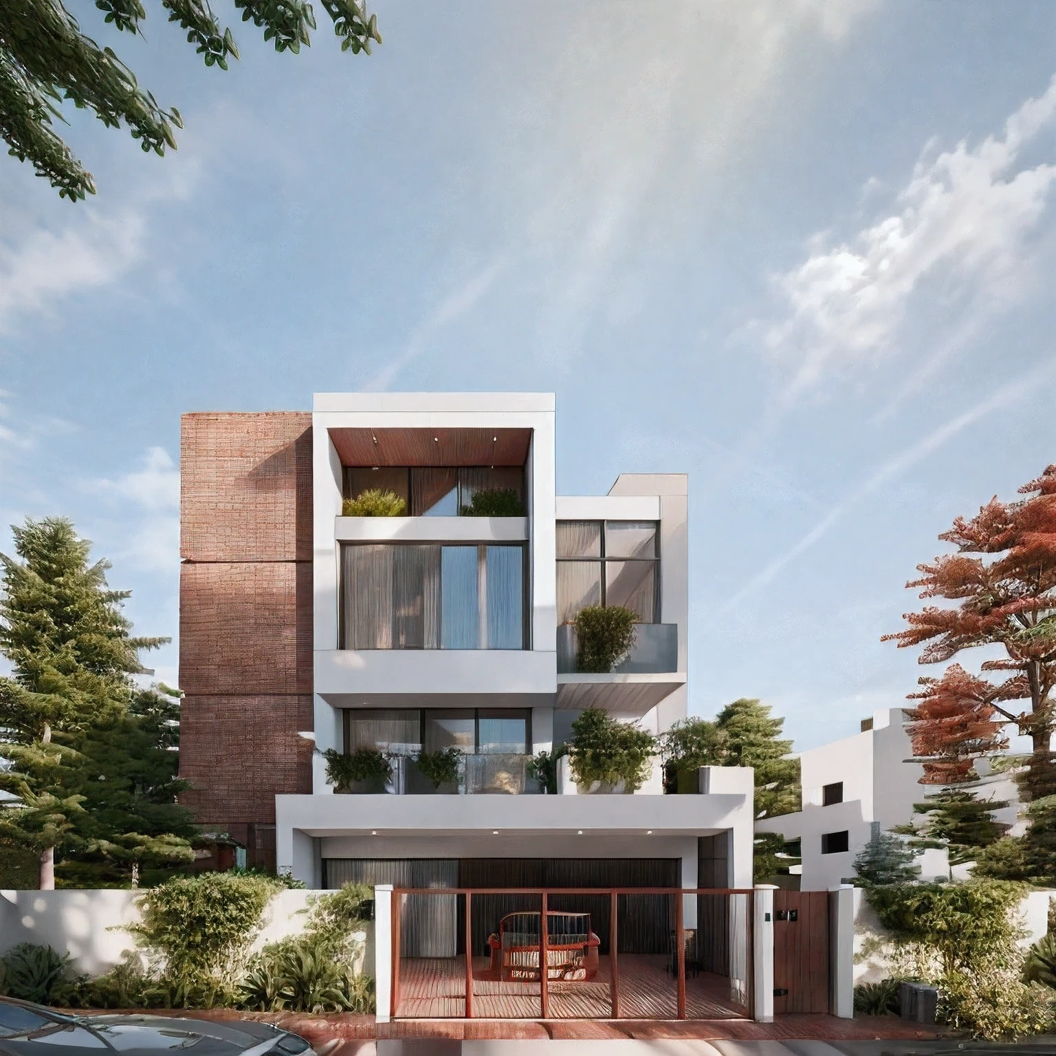 Modern style, villa building, interior furniture, exterior house, contemporary style, (red clay brick) wall, granite floor, glass window, (realistic:1.2), Masterpiece, high quality, best quality, finish white paint , grass terrace base, (lighting interior:1.2), daylight blue sky, UHD 8K,