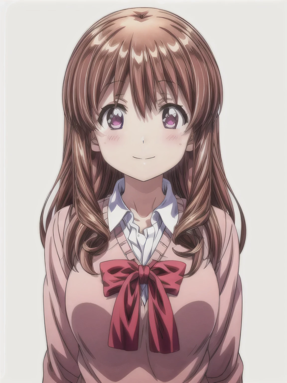 solo, 1girl, looking at viewer, 2D, anime, official style, anime coloring, anime screencap, upper body, (simple background, solid white background:1.3), ryou machiko, blush, school uniform, sweater, smile