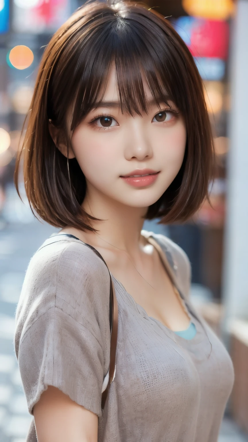 8k,Best Quality,(masterpiece:1.2),(Realistic),(Realistic:1.37),Ultra-high resolution,1 female university student,Droopy eyes,Beautiful teeth alignment, Looking down from above,Well-formed fingers,Shinjuku,(((Cute casual clothes))),Big Breasts,Perfect body,Perfect Fingers,Beautiful Skin,Professional Lighting,gravure,Detailed face and skin texture,fine grain,RAW Photos