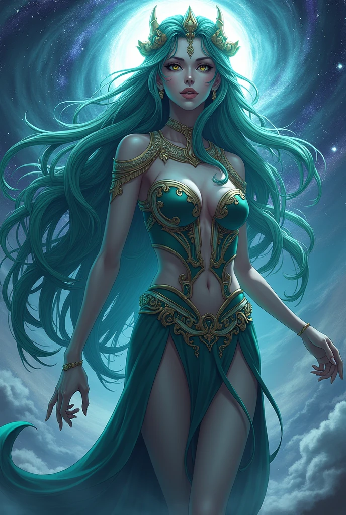In a medium distance scenario, uma mulher branca de seios fartos, cabelos negros, voluptuosa, sitting on an ethereal throne, acompanhada por um pinguim imperador do seu lado esquerdo, um corvo dourado voando ao fundo, um slime azul em seu colo, an oriental dragon in the background, uma pantera preta a sua direita, starry skies in the background