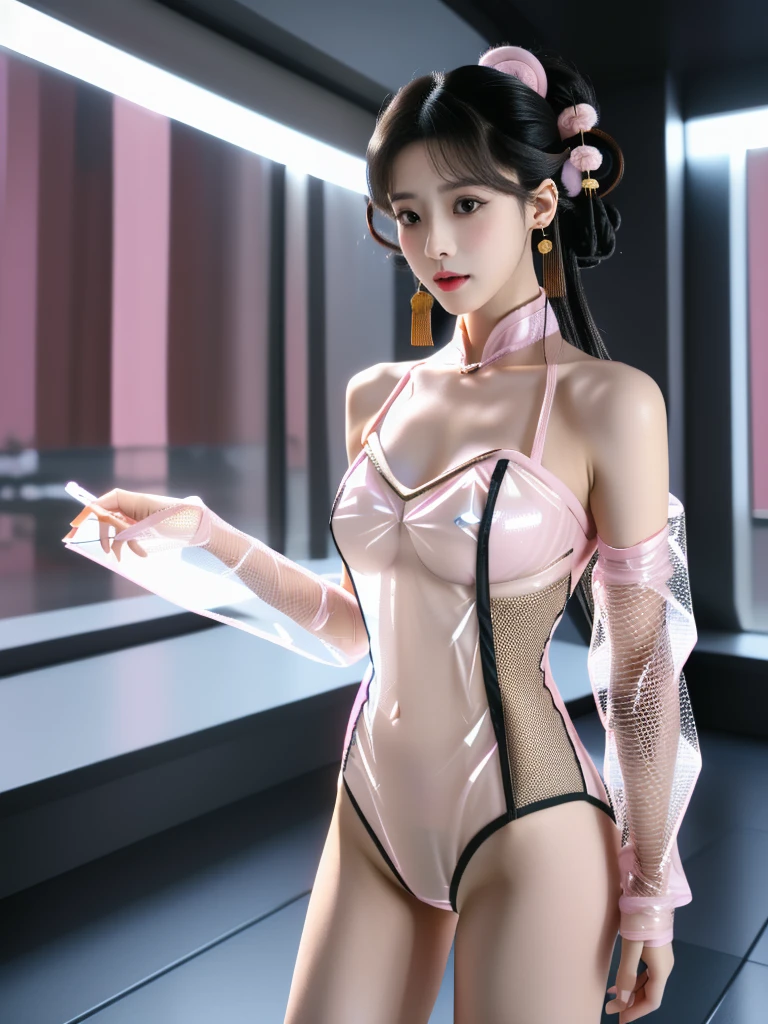 一个有着美丽脸庞的Sexy中国华裔女孩, Wearing avant-garde transparent fabric Hanfu, (((Light theme, Expose the subject, Sexy主题)))
(((Heavy rain, Space Station, Large floor-to-ceiling windows, Starry Sky))),
((8K Ultra HD, 8K, Ultra-high resolution, Best quality, Super Fine, Clear focus. Masterpieces, complete pattern, Ultra HD, Detailed photos, Best image quality，Ultra-clear，Delicate facial features，Well-defined, Highly rated works, Close-up depth of field photography, Above the knee)), 
((Creating the image of a real girl), Realistic shadows, Soft lighting, Dynamic Angle, Dynamic poses, Elegant Posture, Cowboy lens, Full body front view, Be confident, Facing the camera, Eyes looking towards camera lens, Standing posture, Open your legs slightly, Golden Ratio Graphics, Minimalism, Center the character), 
( Smile, Sexy的, Balanced Eyes, Realistic eyes, Beautiful details of the eyes,Pretty Face, (Realistic face), Normal facial features, Realistic skin, Pay attention to skin details, Skin is clean and radiant, Whitening, Anatomically correct body, Golden ratio figure, Sexy的身材), 
(Perfect makeup, Gloves, earrings, bracelet, necklace, Jewelry, Hair accessories, shawl, sock, Knee socks, 吊garter, Leg ring, garter, 腿部garter), 
((beautiful hair), Dark black hair, Wavy curly hairstyle, Waist-length hair, Messy Hairstyle, Gradient hairstyles, Cyberpunk Hairstyle, High double ponytail hairstyle), 
((Transparent clothes: 1.5), (Revealing clothes: 1.5),  (Wet clothes:1.0), (Color of clothes: Pink), Wearing transparent clothing, (((Transparent pink mesh Hanfu))), (((Transparent pink mesh tube top))), (((Transparent pink mesh tube top))),), 
(Sexy的, Perfect breast shape, Teardrop chest shape, Snow-white breasts, Very detailed breasts, 34C cup), 
(Super high waist, Deep V, Low-cut, Sexy, Flattering, Open crotch, (Clear camel toe, (High fork strangulation))),
(((Clear outline, Clear underwear, 透明Sexy的穿着)))