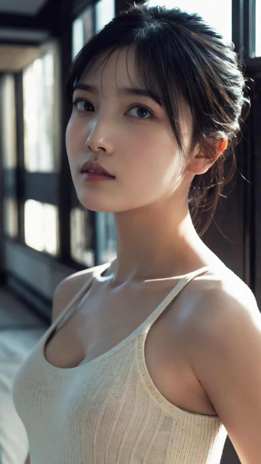 a portrait of a hyperdetailed、top-quality、white colors,Bright tones,Front view portrait of 17 year old beautiful erotic Japan girl style. Close-up of erotic face、Young, cute and sexy erotic look、Organism、Erotic mouth ajar、Huge erotic breasts, This image is、Capture a girl splashing water on her face with soft lighting、Emphasize the seductive gaze with sex appeal,huge-breasted, highlight details. Fog and blue sky fog dreamy haze