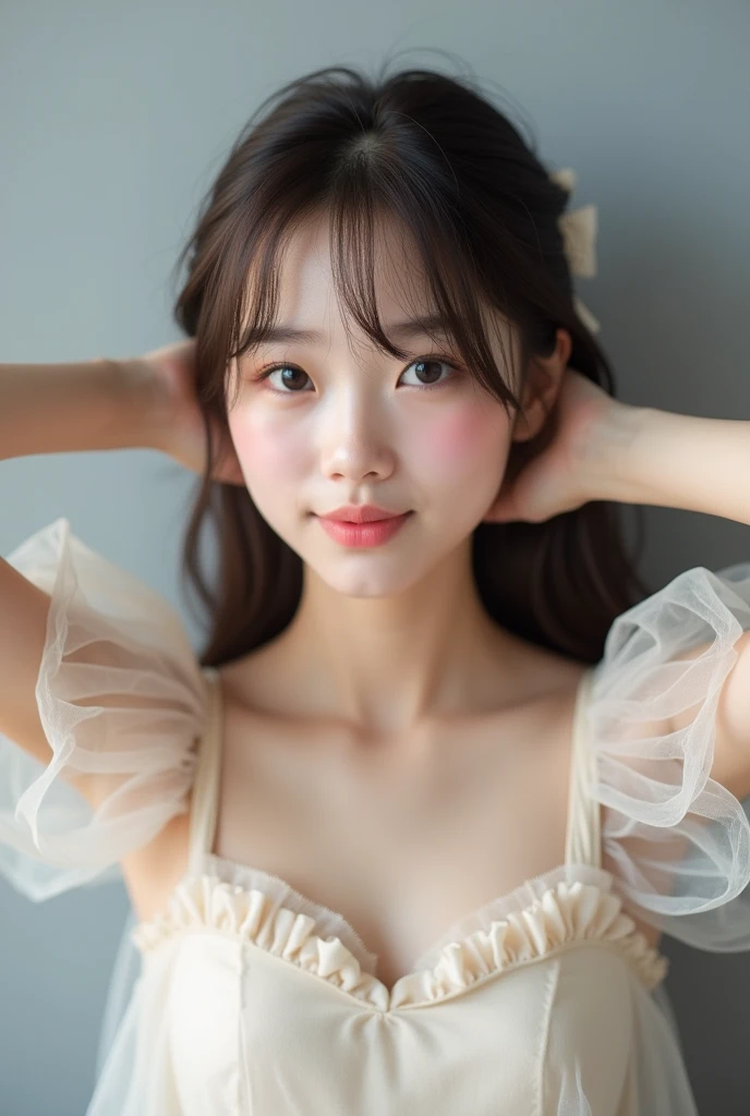 A pretty and cute teenage girl shows off her white arms.