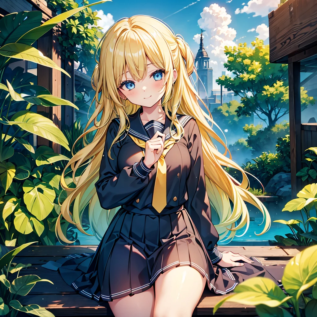 Woman gazing diagonally upwards, {{{Soft smile}}}, Black Sailor Suit, Long skirt, {{{{{Bright yellow long wavy hair}}}}}, Best Quality,Best image quality,Perfect Anatomy,masterpiece,Very detailedな,beautiful,super high quality, Best Quality,High resolution, Very detailed,Game CG,Dutch Angle ,Beautiful attention to detail,Visual Arts,Five fingers, Perfect hands,Hide your hands, {{{One Girl}}}, Beautiful detailed girls, Game CG, masterpieceアニメ，Best Quality, Very detailedな顔，Power Pro, Sugami Hisashi, {{{One Girl}}}, Blue Eyes, Female Manager, School grounds, Yellow tie, Sleepy smile, Knee-high portrait, Three-dimensional background, Multiple clouds,