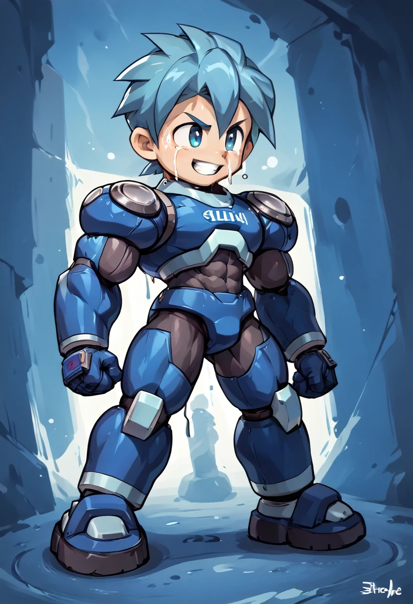 (masterpiece, Best Quality:1.2), smile, View your viewers, (((Huge muscles､Huge erect penis))),A tight suit with white lines,megaman,(( boy,Chibi)),Crying face,Lots of drool, sweat and ,Looking into the distance,Shake hard,Anal sex upturned teeth clenching harness,Imminent sexual activity,Zombie body