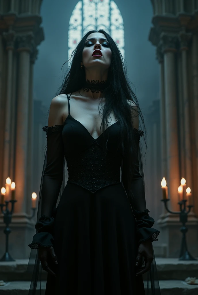 A 3D render of a gothic fantasy photo of a sensual, dark goddess with a black corset and horns on her head. She has extremely long, ultra-realistic hair. The goddess is wearing black Goth makeup. The background is a dark, cave-like setting with stalactites and stalagmites. The overall image has a dark, moody ambiance with a reddish hue.
