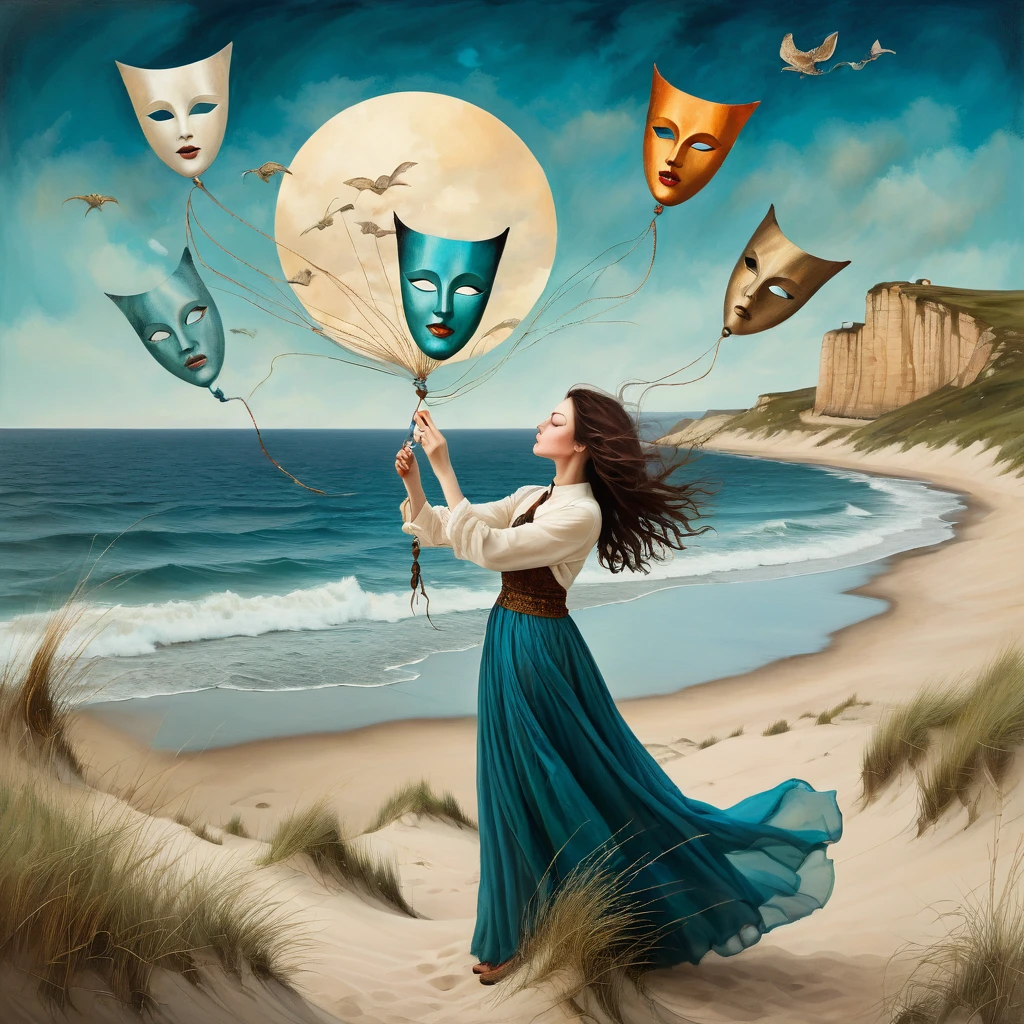 oil and acrylic painting of a coastal scene. In the style of Reylia Slaby, Catrin Welz-Stein and Jean Baptiste Monge. A young woman energetically holds a thread to which are attached several theatrical masks floating in the sky and tries to prevent the wind from ripping the thread from her hands . The background is a dune with grass a from which the sea and high cliffs can be seen, cUse theatrical masks to enrich the meaning of the image, which should convey the woman's effort to prevent the wind from tearing the thread from her hands. dreamlike and surreal atmosphere. Colors ochre, amber, teal, browns, octane blue, skillfully dosed