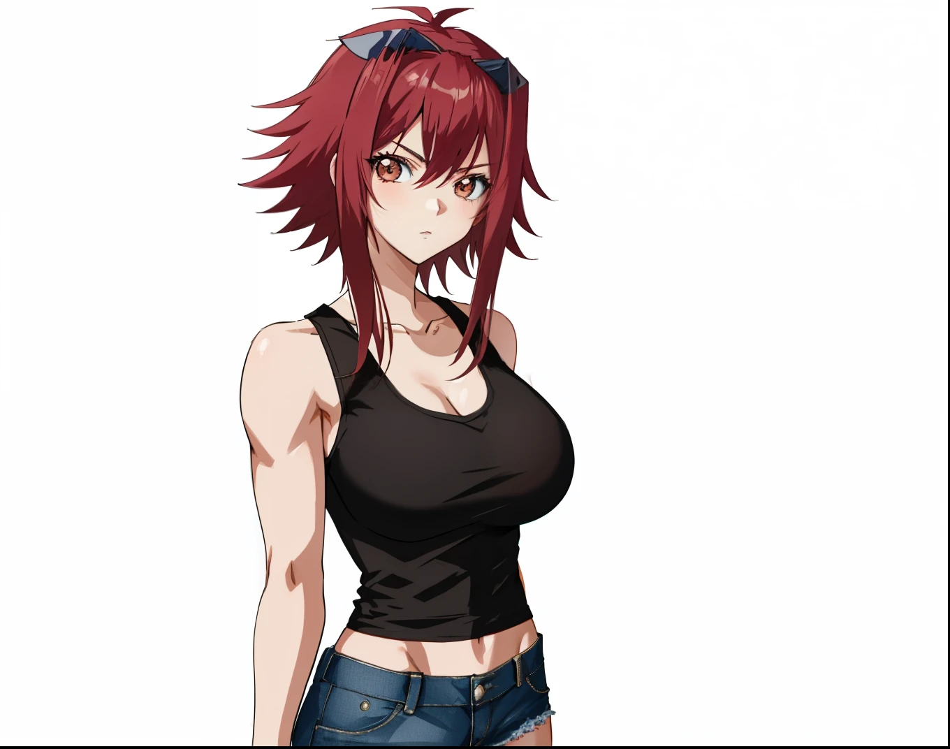 床に立っている赤い髪のAnime Girls, Anime Girls, Anime Styleキャラクター, clothing:Black tank top, Girl wearing denim shorts, Anime Styleで, Big Breasts, Girls with big breasts, Anime Style, Anime Style, Muscular Woman, Knight of the Zodiac Girl, Short Hair, With red hair, In anime style, Feminine and muscular, Skin tight tank top, Bare Arms, Bare shoulders, Alone, looking at viewer, Female focus, Cowboy Shot,