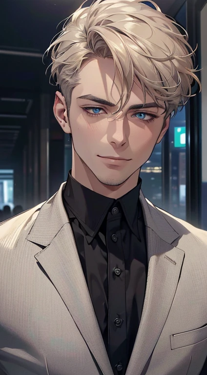 (best quality,4k,8k,highres,masterpiece:1.2),ultra-detailed,(realistic,photorealistic,photo-realistic:1.37),1 man,3,mature man,very handsome,without expression,smile,short grey golden hair,blue eyes,penetrating gaze,perfect face without errors,imposing posture,businessman,office background,cinematic lighting,hdr image