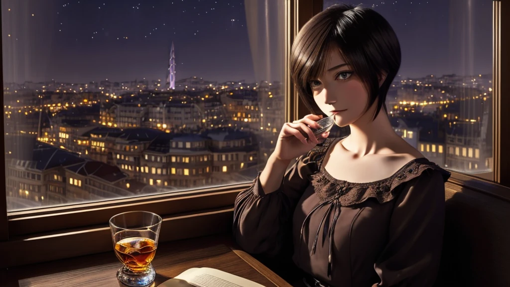 Detailed Background、masterpiece、Top quality、(One Woman)、(Sitting alone by the window, sipping a glass of whiskey))、((Outside the window is the city of Stambul at night))、(Bob Cut Hair)、Purple eyes、Stars in my eyes、Strapless blouse