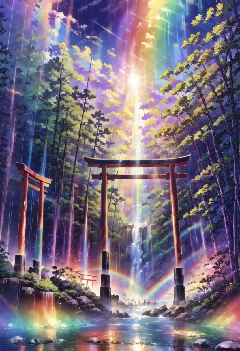 rainbow色、rainbow、rainbow色の世界、sun，Dazzling Light，Light，Shine，torii，waterfall，Streaks of Light，High resolution, High resolution, 8k, Masterpiece 2:1,16k, 超High resolution, 超High resolution, Born,wonderful ,future、rainbow色の、The world 30 years from now。