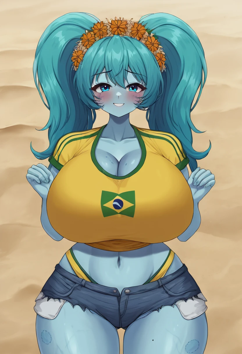 Brazilian Miku, wheat-colored skin, Brazilian sportswear, blue big twin ponytails, Super huge big breasts breast enlargement, standing alone on the beach with blue eyes, floral headdress, soda in hand, sun marks, denim shorts, full-body shot, shy smile