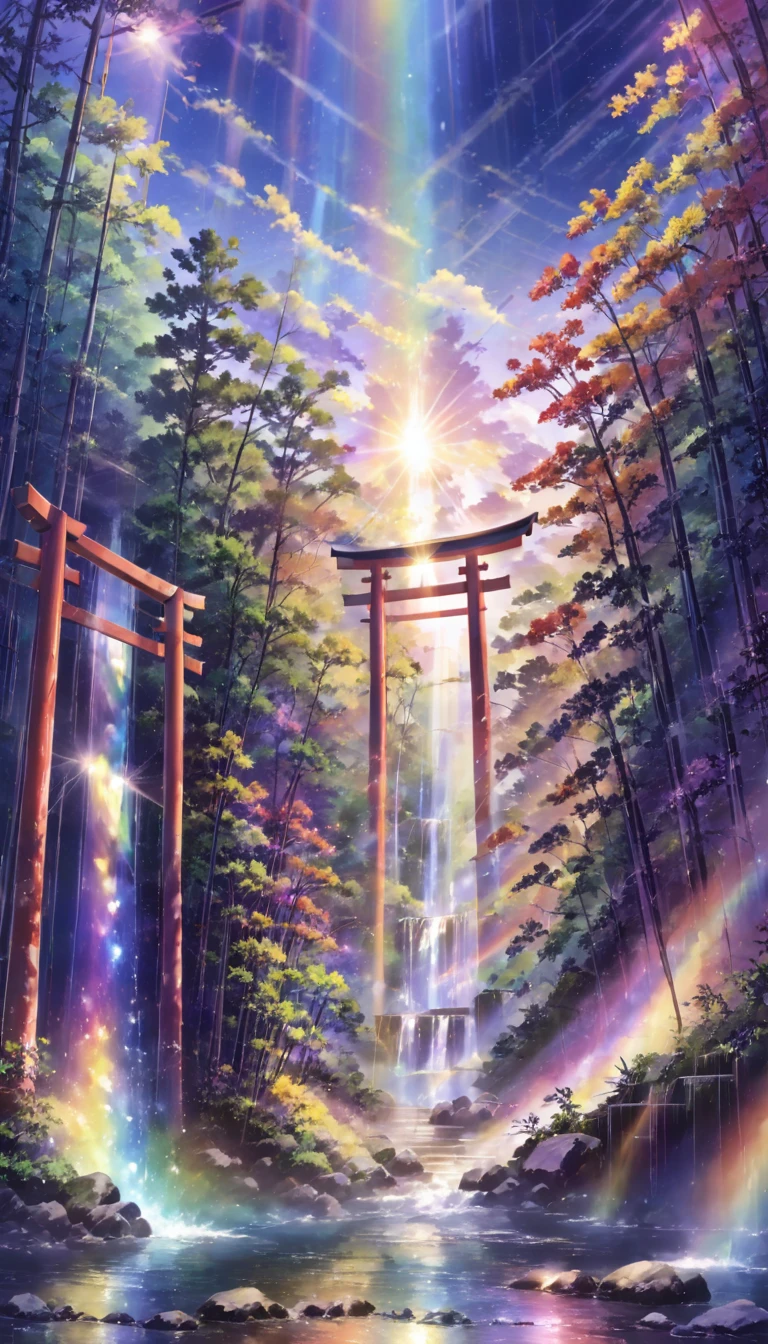 rainbow色、rainbow、rainbow色の世界、sun，Dazzling Light，Light，Shine，torii，waterfall，Streaks of Light，High resolution, High resolution, 8k, Masterpiece 2:1,16k, 超High resolution, 超High resolution, Born,wonderful ,future、rainbow色の、The world 30 years from now。