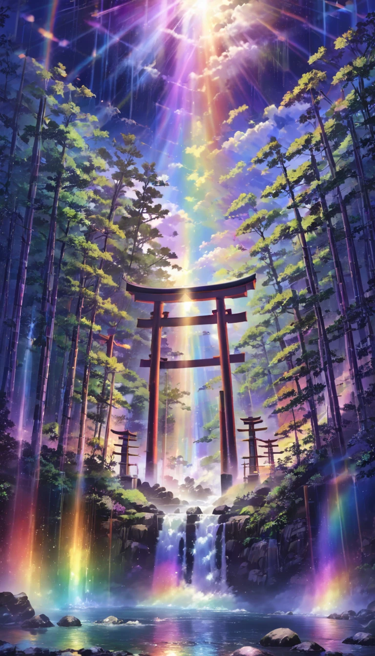 rainbow色、rainbow、rainbow色の世界、sun，Dazzling Light，Light，Shine，torii，waterfall，Streaks of Light，High resolution, High resolution, 8k, Masterpiece 2:1,16k, 超High resolution, 超High resolution, Born,wonderful ,future、rainbow色の、The world 30 years from now。