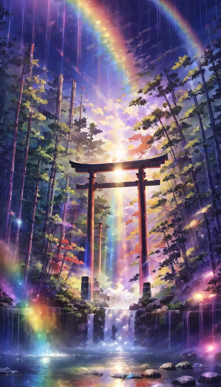 rainbow色、rainbow、rainbow色の世界、sun，Dazzling Light，Light，Shine，torii，waterfall，Streaks of Light，High resolution, High resolution, 8k, Masterpiece 2:1,16k, 超High resolution, 超High resolution, Born,wonderful ,future、rainbow色の、The world 30 years from now。