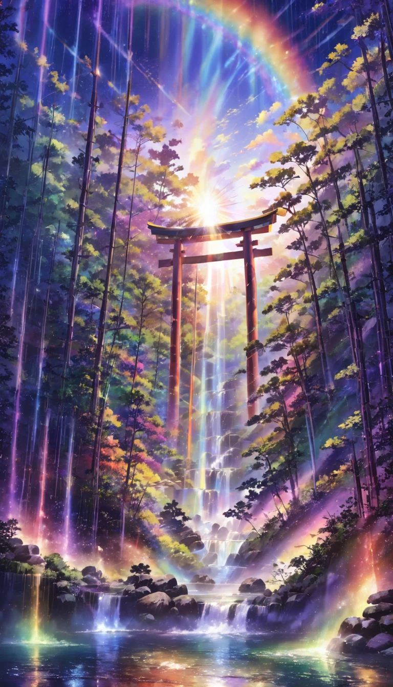 rainbow色、rainbow、rainbow色の世界、sun，Dazzling Light，Light，Shine，torii，waterfall，Streaks of Light，High resolution, High resolution, 8k, Masterpiece 2:1,16k, 超High resolution, 超High resolution, Born,wonderful ,future、rainbow色の、The world 30 years from now。