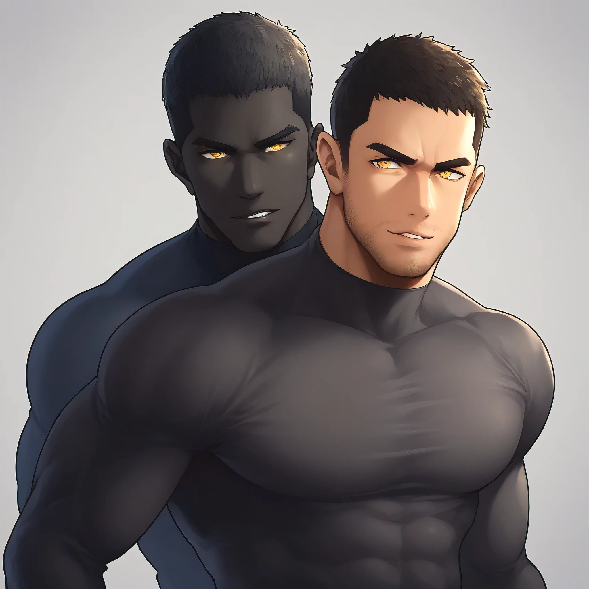 anime characters:Gyee Chris Redfield, Muscle Sports Student, negro black skin, 1 dark skin muscular tough guy, Manliness, male focus, Military Green Camouflage High Neck Long Sleeve Tight T-Shirt, Slightly transparent material, Very tight, Round, full and perky chest muscles, Slightly transparent, muscular male, muscular, only, Upper body, alone, Black short hair, Thick eyebrows, stubble, Yellow eyes, Grey background, simple background, amazing quality, best aesthetics, Ridiculous, bright pupils, crew cut, parted lips, seductive smile, torogao, naughty face, drop shadow, best quality