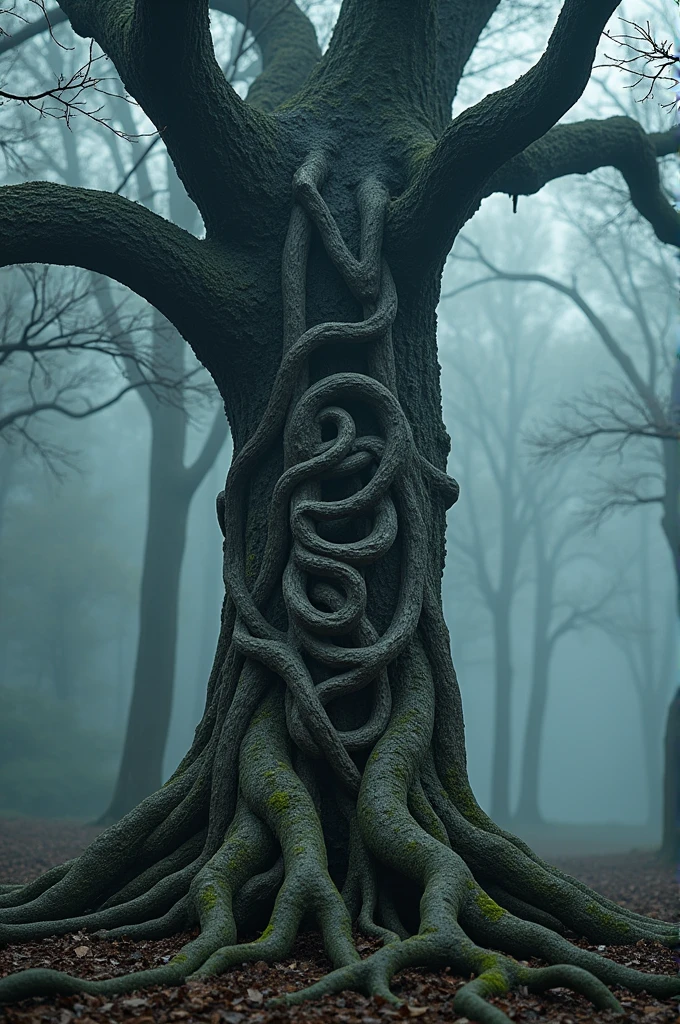 4D realistic images. detail of a fully rooted, gnarled tree that turns into a very expressive "NEGAN" writing on the tree trunk. The background in the forest has a cool feel on a foggy morning. Very realistic image, ultra hdr, 8K