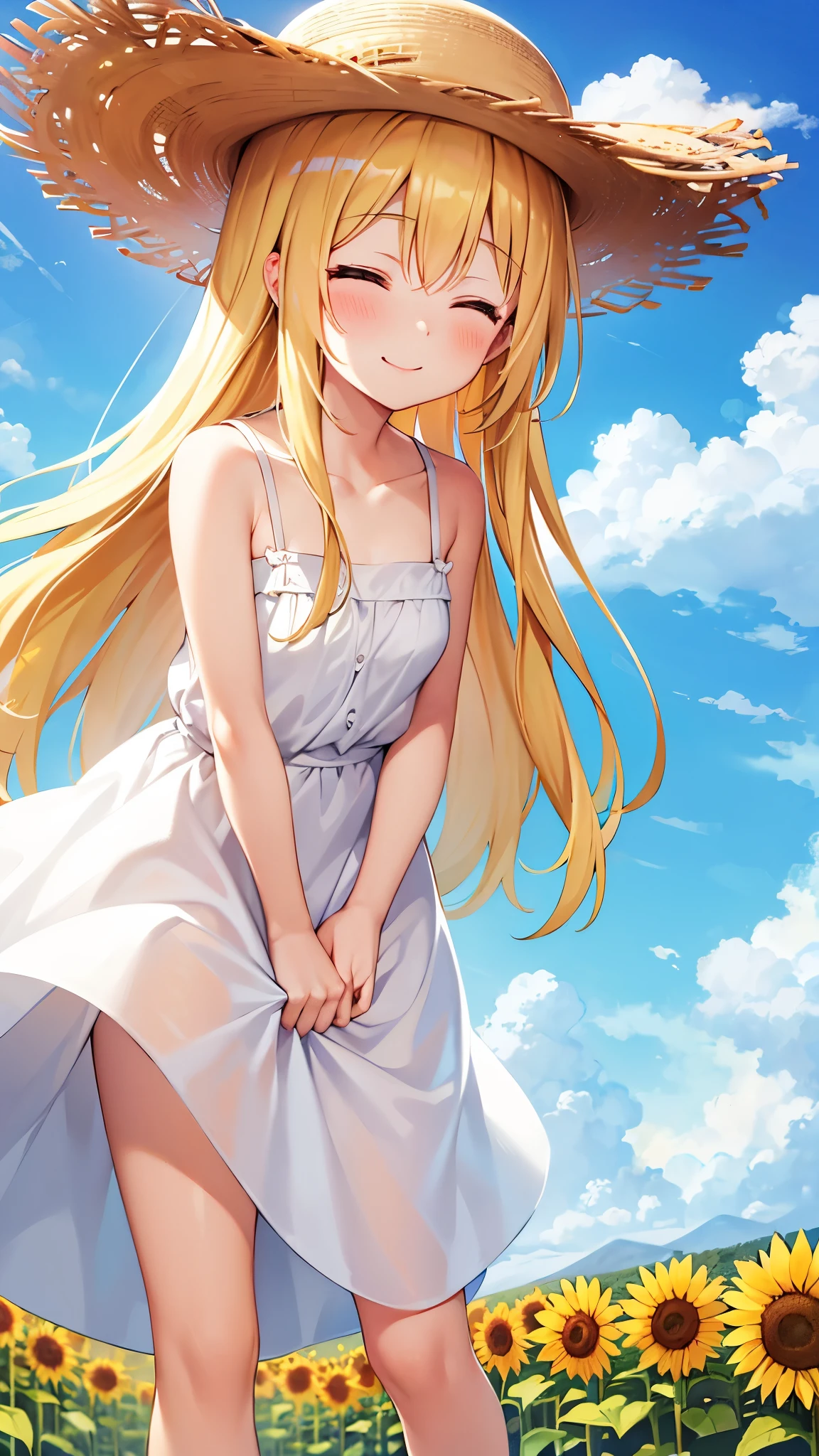 (masterpiece:1.3), (best quality:1.1), (8k, ultra detailed, ultra high res:1.2), ((anime style)), perfect 5 fingers, perfect anatomy,
1girl,
BREAK long hair, wavy hair,
(blonde hair),
(blue eyes),
medium breasts, camisole, (Sequins:1.2),
BREAK smile,
(gazing skyward:1.3),
cowboy shot,
white background,