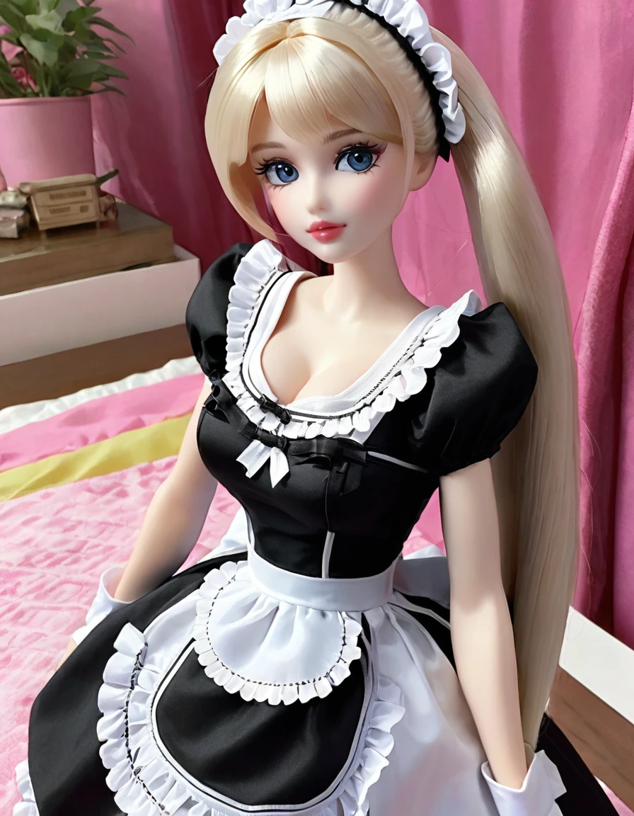 (masterpiece, Best quality: 1.2), 1twintails barbie doll,doll，Colloid， Exquisite eyes, Wide hips, Colloid皮肤，(Wearing Maid dress)，Huge natural breasts，