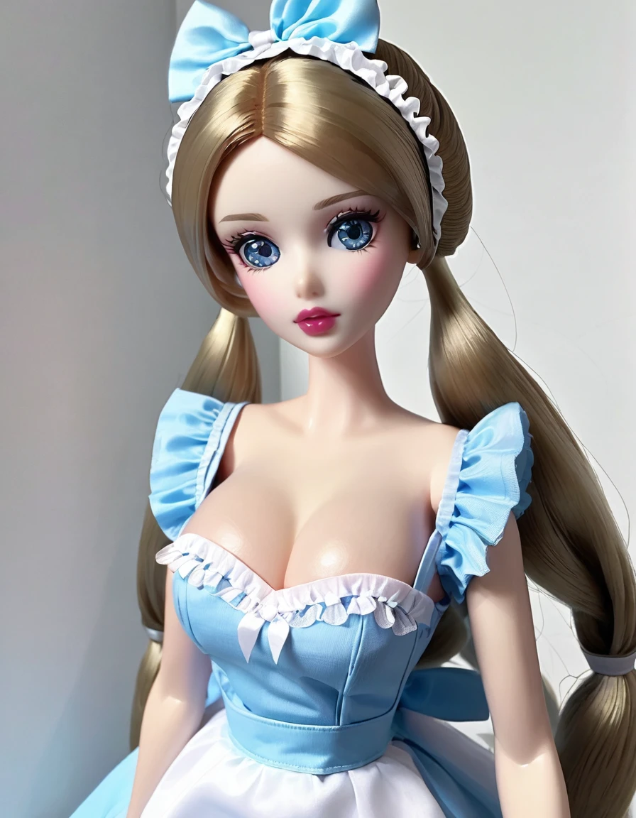 (masterpiece, Best quality: 1.2), 1twintails barbie doll,doll，Colloid， Exquisite eyes, Wide hips, Colloid皮肤，(Wearing Maid dress)，Huge natural breasts，