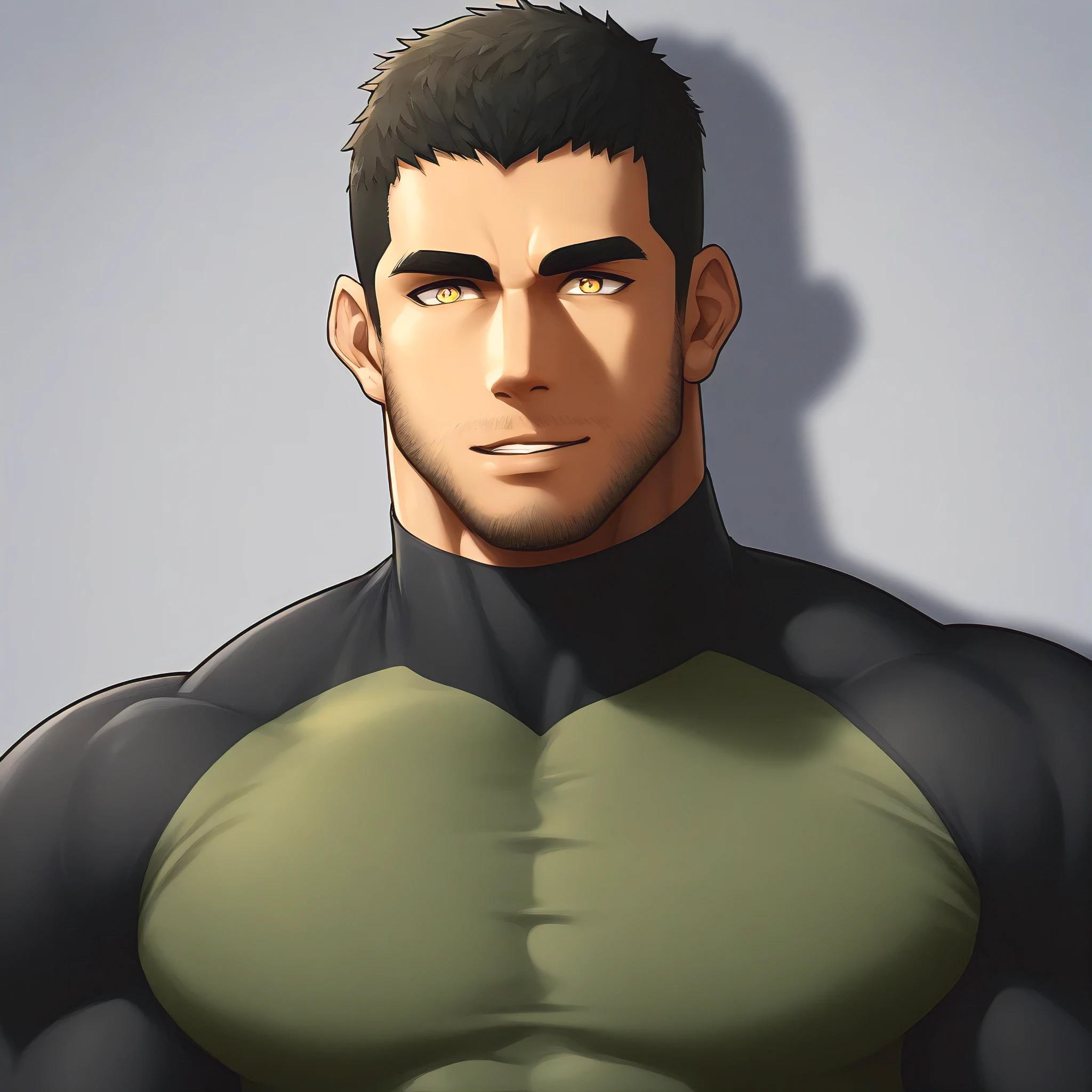 anime characters:Gyee Chris Redfield, Muscle Sports Student, negro black skin, 1 dark skin muscular tough guy, Manliness, male focus, Military Green Camouflage High Neck Long Sleeve Tight T-Shirt, Slightly transparent material, Very tight, Round, full and perky chest muscles, Slightly transparent, muscular male, muscular, only, Upper body, alone, Black short hair, Thick eyebrows, stubble, Yellow eyes, Grey background, simple background, amazing quality, best aesthetics, Ridiculous, bright pupils, crew cut, parted lips, seductive smile, torogao, naughty face, drop shadow, best quality