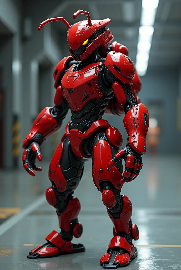 Red robot ((woman)), huge tits, huge ass, muscular, naked, glowing eyes, three fingers on his hands, ((black marks all over his body))