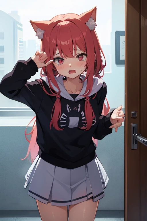 1girl with long hair and dress, 1 girl is taking to lavatory, looking away, standing, embarrassed, blush,Red hair and red eyes, Keep one's mouth shut, street (girl is peeing self:0.4) <lora:GoldenSide-v21-1-e32-T1_lora:1> <lora:haveToPeePose:1> <lora:shana1:1.1>