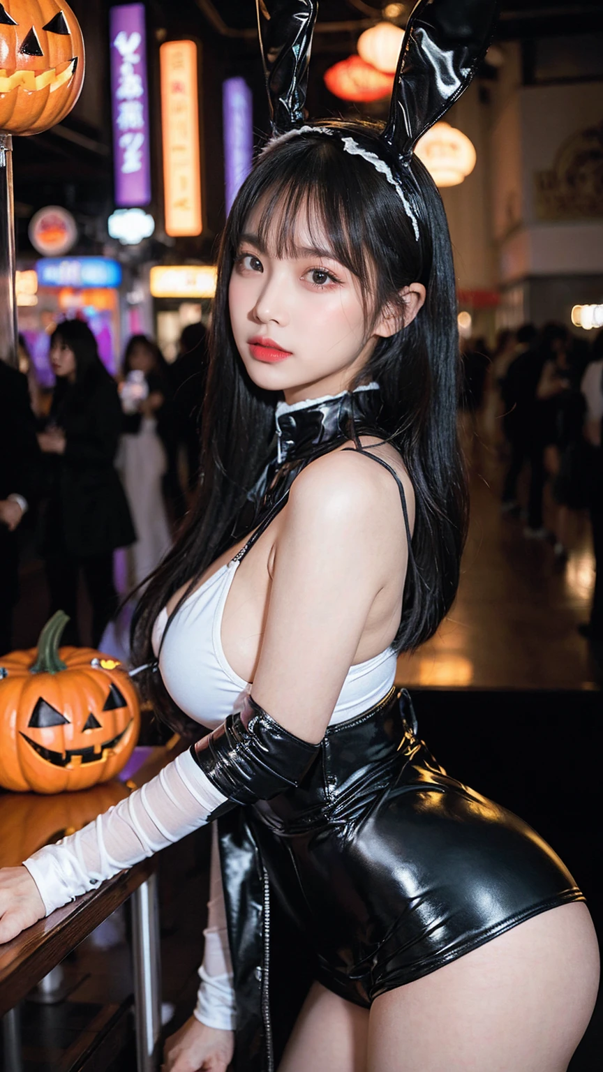 Nsfw:1.3, beautiful woman、18 years old 、Body Shot、Halloween、crowd、night、Luxurious halloween outfits, Seoul, Itaewon