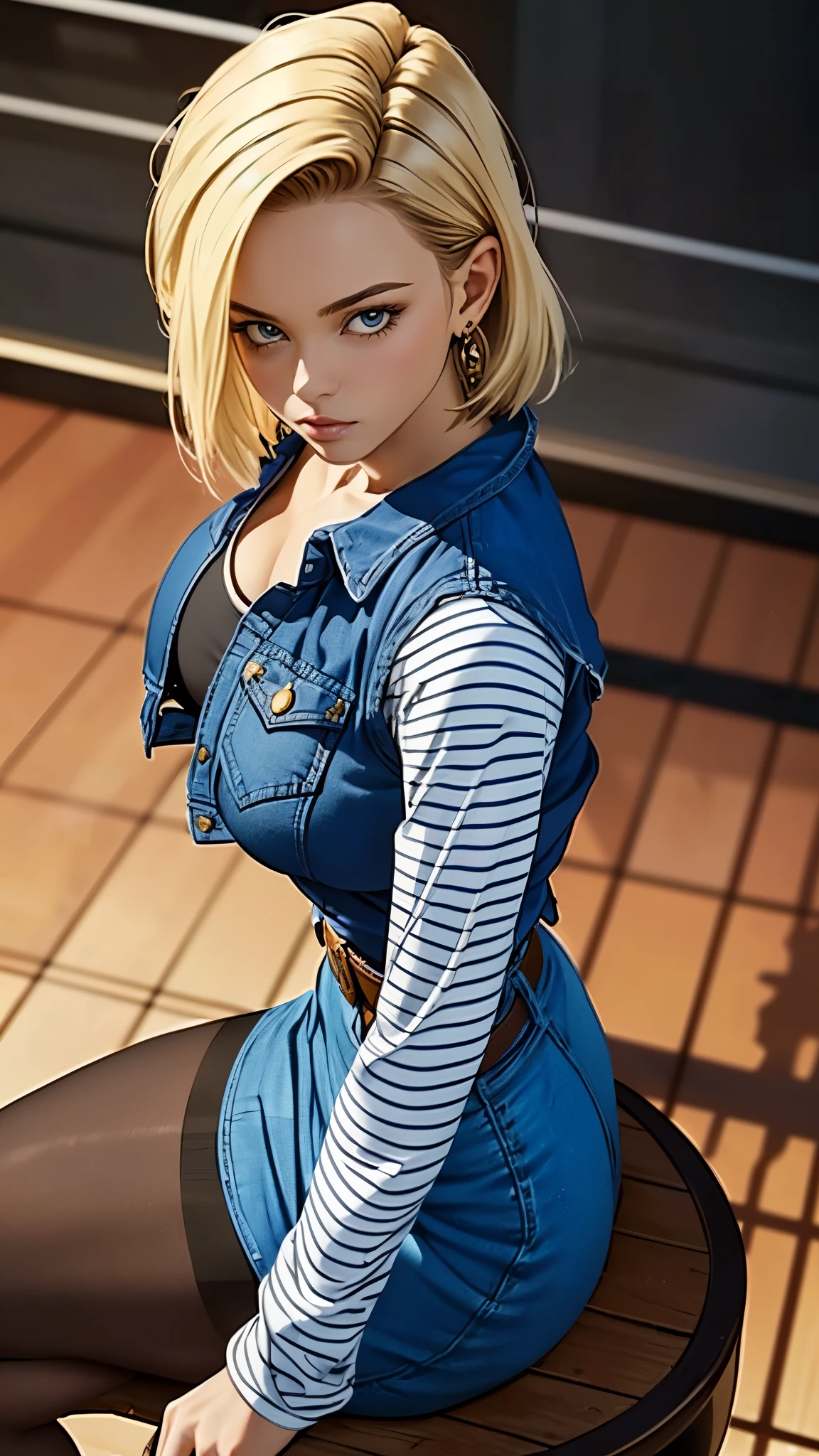 (ultra realistic,32k, masterpiece:1.2),(high detailed skin:1.1),( high quality:1.1),
android 18, 1girl, solo, (blue eyes:0.70), short hair, blonde hair, earrings,denim skirt, blue skirt, pencil skirt, black shirt, long sleeves, striped sleeves, brown belt, black pantyhose, denim vest, blue vest,,huge breast,large breast,,(looking at viewer, sitting, from above:1.1),, (dense light rays:1.1),   blank background, blurry background,