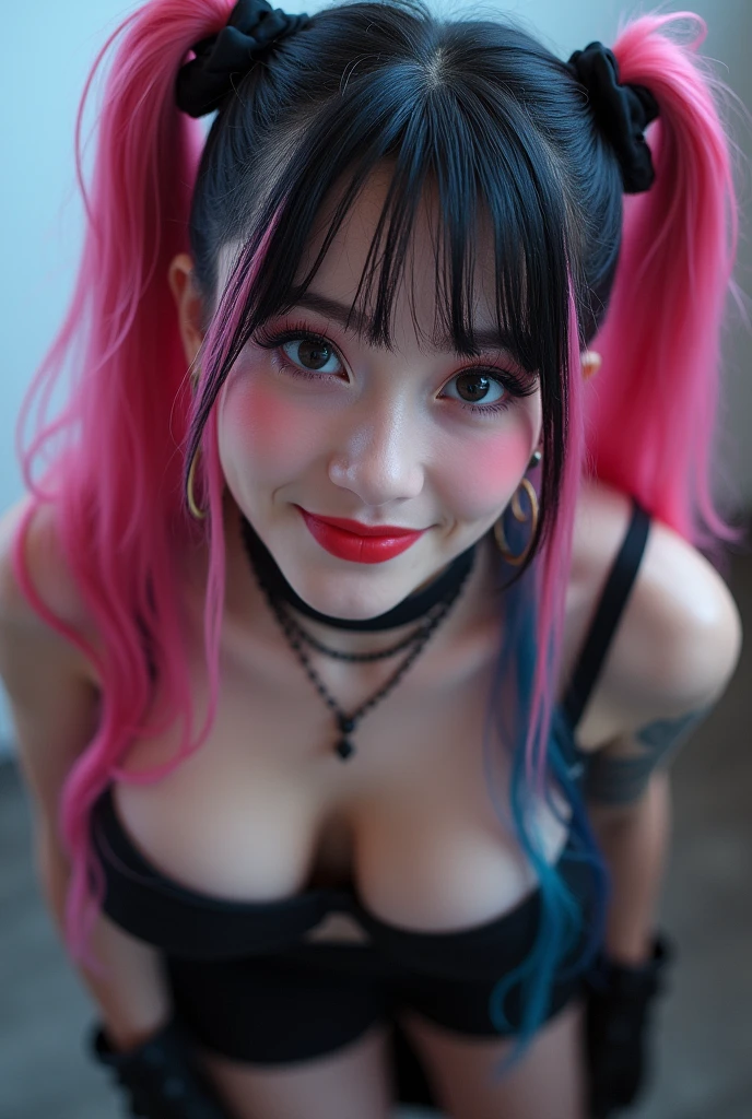 high definition, super focus, medium cinematic close-up portrait of young alternative blue hair in pigtails, big ass, small breasts, small breasts, wearing sexy lingerie, black underwear, sexy smile, main light, backlight, natural lighting, photography 400 ISO film grain 30mm f1.8 aperture RAW lens, fine art photographer, Lord of the Rings movie poster, medium intricate print, choker, tattoos, navel piercing, round tits, bursting tits, tight clothes, tits dropping out of bra