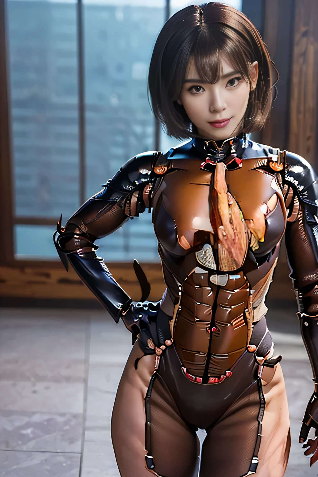 (High resolution,masterpiece,highest quality,Very detailed CG, anime, official art:1.4), realistic, photograph, amazing detail, everything is complicated, shiny and glossy,Amazing number of layers, 8K wallpaper, 3D, sketch, cute, figure,( alone:1.4), perfect female proportions,villain&#39;s daughter, (Fusion of dark brown cockroach and lady:1.4), (brown cockroach woman:1.2), (brown cockroach woman:1.2), (Fusion:1.2), (alone:1.4), (evil smile:1.2), muscular, abs, (Cockroach brown exoskeleton bio insect suit:1.4), (Cockroach brown exoskeleton bio insect armor:1.2), (brown transparent cockroach feathers:1.4), (Antennae of brown cockroaches:1.3),