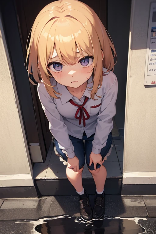 finest, masterpiece, High resolution, (Full body view from head to toe), front, frontComposition from slightly below, symmetry, 18 year old tall girl, alone, (whole body from head to toe), (small breasts), Unkempt brown hair, bangs, (black tights), (black pantyhose), (sit with legs spread), (squatting pose), (Composition showing white panties), (her legs spread、I can see white panties.), (I was made to sit on the floor with my legs spread apart.), (M-shaped spread legs), thin legs, A very beautiful and tall 18 year old girl, (not wearing shoes), blush, shy big eyes, looking at camera, blazer uniform, plaid pleated skirt