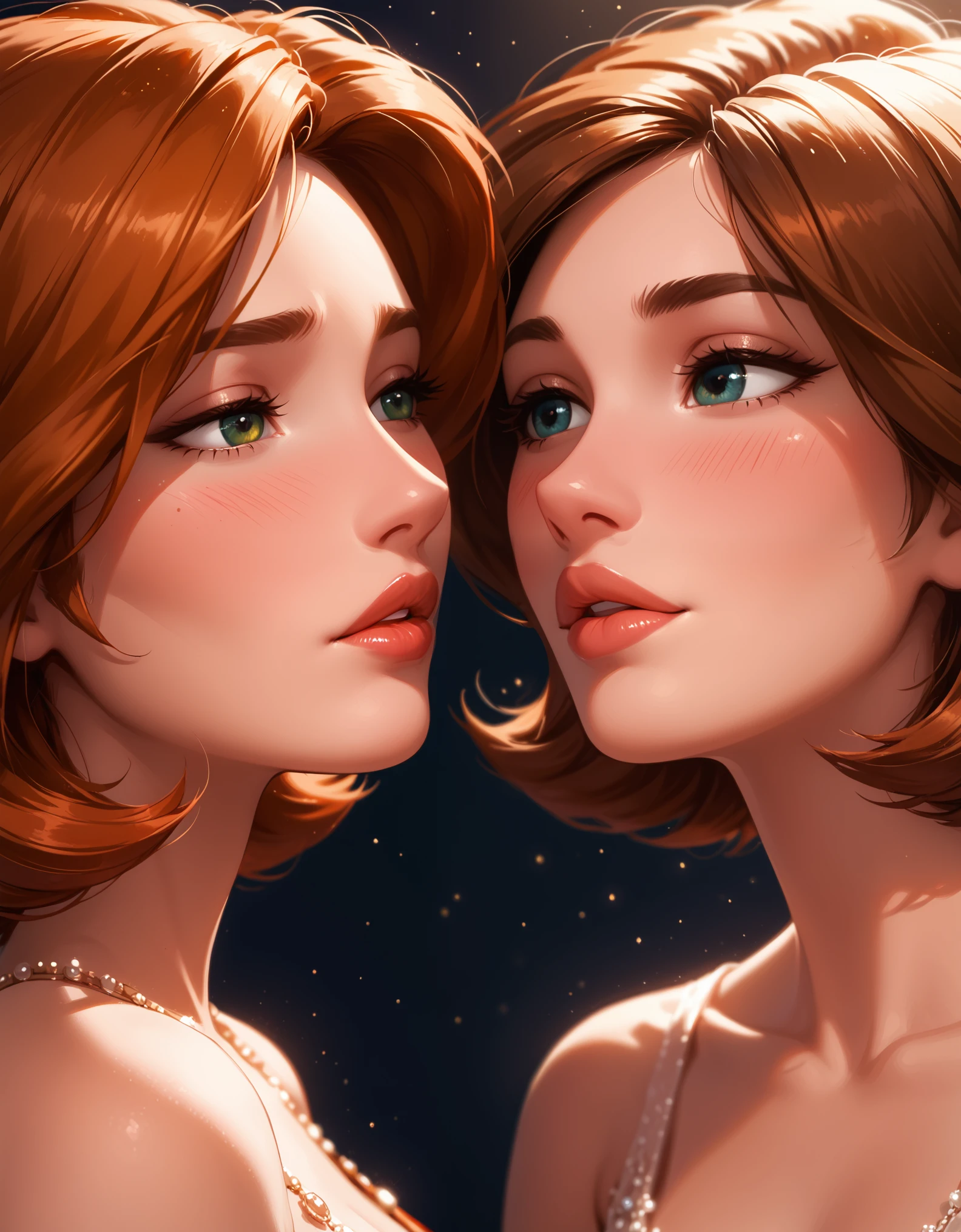 score_9, score_8_up, score_7_up, rating_questionable, epiCPhoto, 2girls, duo, couple, yuri, very sexy (Aunt Cass, brown hair, short hair:1.2), looking away embarrassed, blush, and (annpossible, orange-red hair, short hair:1.3), (focus on lips, after the kiss, lips close together:1.5), beautiful, graceful, elegant, beautiful scene, soft romantic lighting, in love, flirt, gaze, sexy look, half-closed eyes, head tilt, filled lips, thick lips, makeup, dark, moody, (dimly lit:1.4), face portrait, close-up shot, highly detailed, sexy scene, absurdres, 4k, masterpiece, best quality.