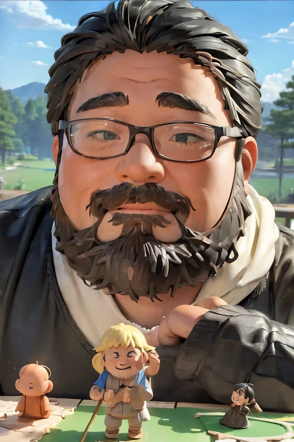 (((Clay animation)))、1 male, Alone, Black Hair, beard, Glasses, obesity, Lush forest, Beautiful riverside, blue sky, Sunshine pours down, 