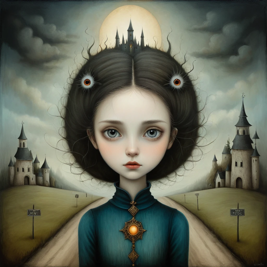  oil and acrylic painting. In the style of Andy Kehoe, nicoletta ceccoli, Catrin Welz-Stein and Jean Baptiste Monge. a young woman at the crossroads between two roads, one leading to hell and the other to heaven, detailed face, beautiful eyes, long eyelashes, elegant expression, medieval fantasy landscape, dramatic lighting, moody atmosphere, cinematic composition, digital painting, highly detailed, photorealistic, dramatic lighting, complementary color scheme, intricate details, epic scale, dramatic mood