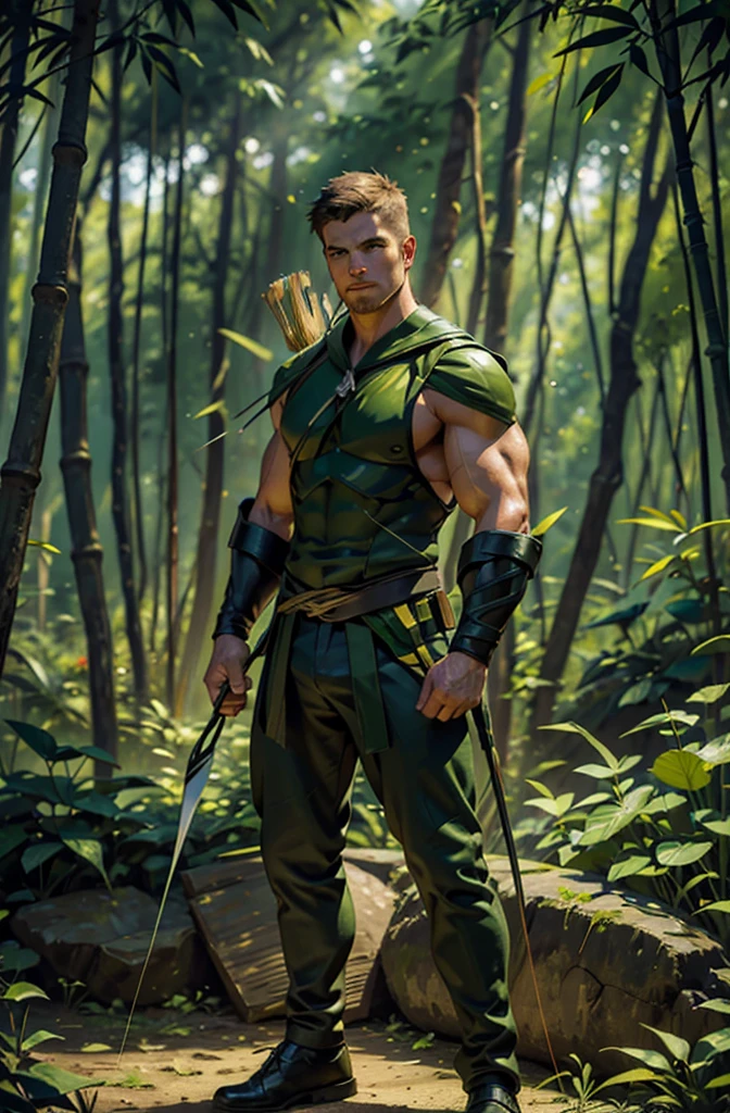 Stephen Amell as the green arrow costume with a bow and arrow, standing in a bamboo forest, 32k, hyper detailed, photorealistic, masterpiece, vibrant colors, dynamic lighting, cinematic composition, intricate details, lush foliage, dramatic shadows, powerful hero pose