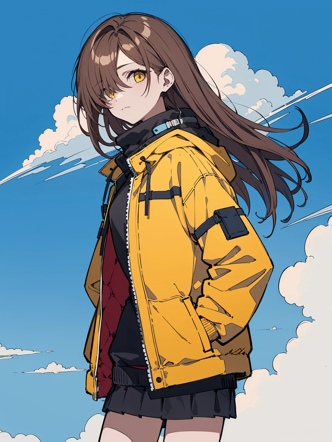 masterpiece,best quality,, (usnr:1.5) ,1girl, solo, long hair, looking at viewer, cloud, flat color, brown hair, closed mouth, bangs, yellow eyes, sky, jacket, hair over one eye
