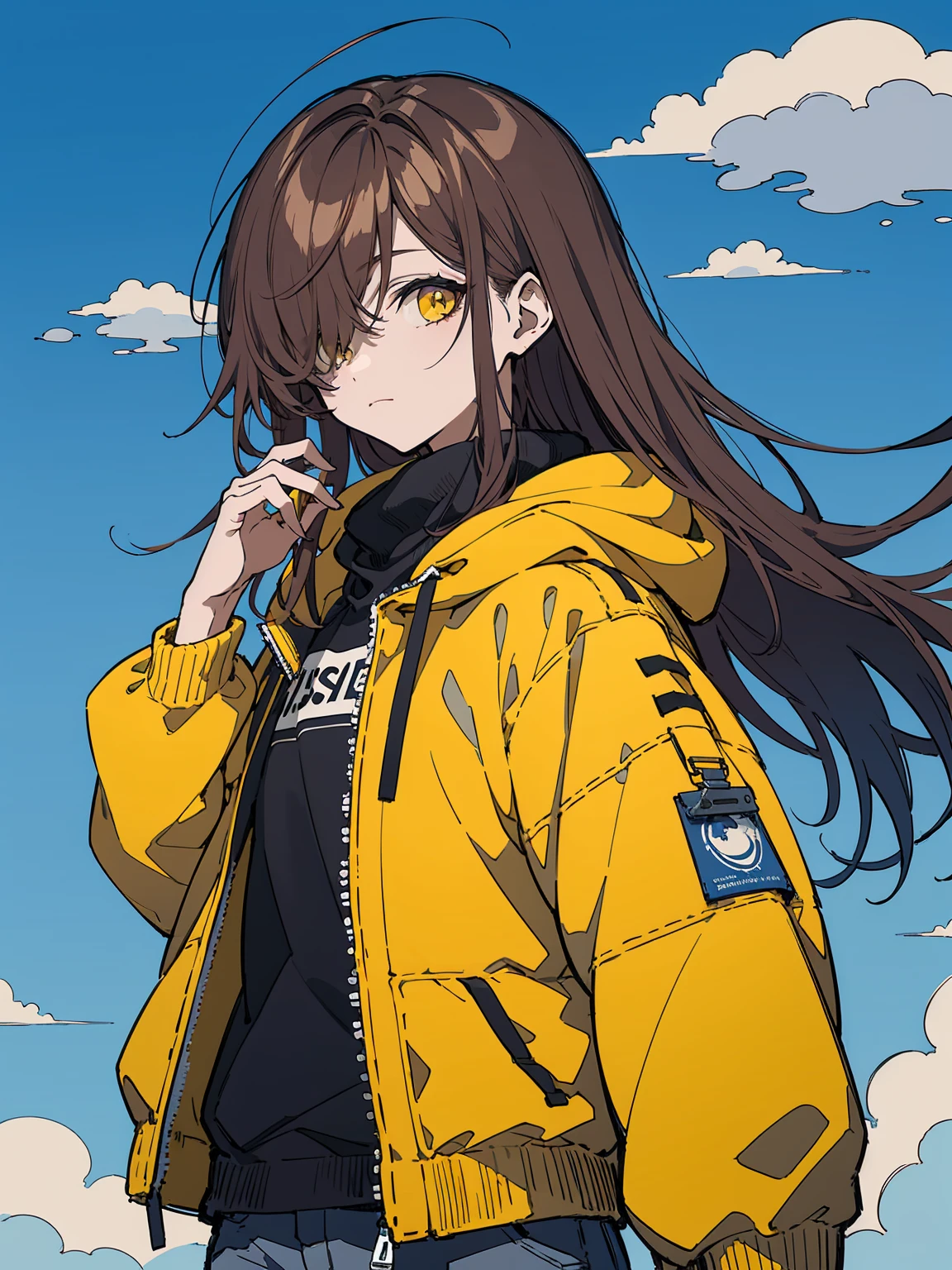 masterpiece,best quality,, (usnr:1.5) ,1girl, solo, long hair, looking at viewer, cloud, flat color, brown hair, closed mouth, bangs, yellow eyes, sky, jacket, hair over one eye
