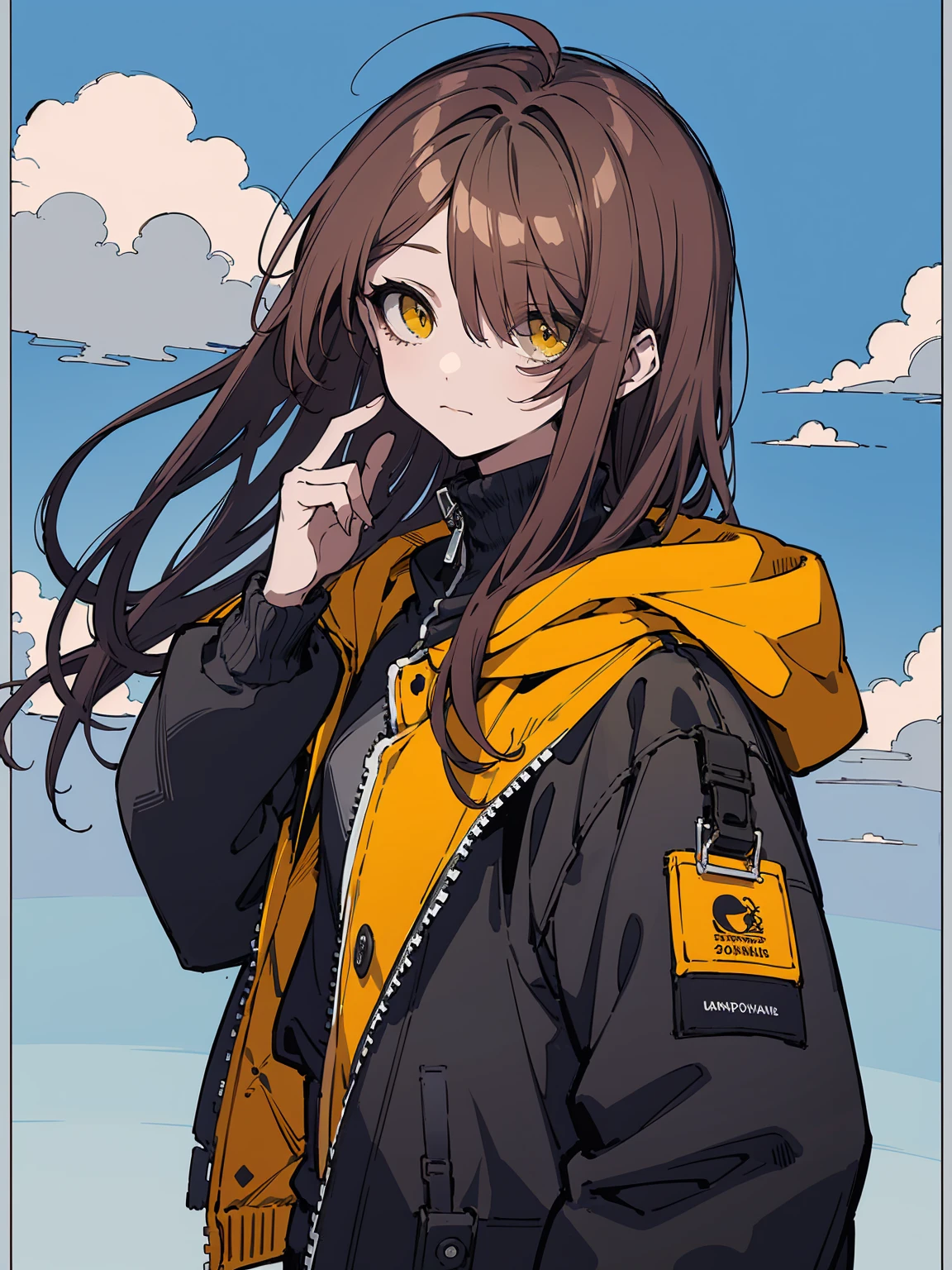 masterpiece,best quality,, (usnr:1.5) ,1girl, solo, long hair, looking at viewer, cloud, flat color, brown hair, closed mouth, bangs, yellow eyes, sky, jacket, hair over one eye
