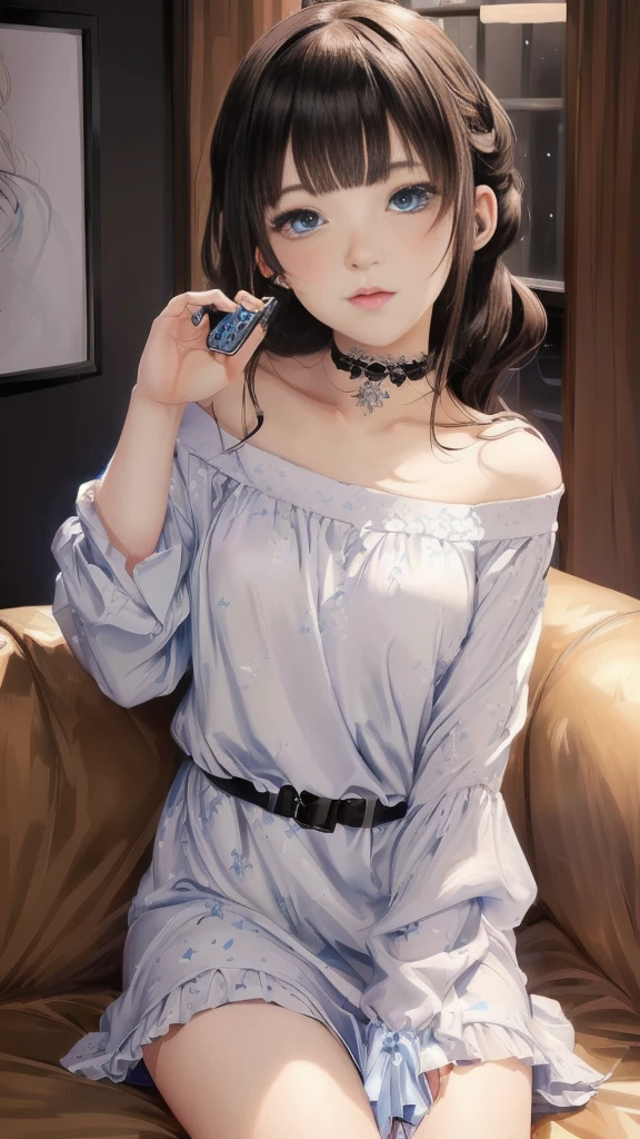 A blue-eyed anime girl is sitting on a sofa and holding a mobile phone, Enchanting anime girl, artwork in the style of Gwaiz, Attractive anime girl, [ 4K Digital Art ]!!,  In a dress, Highly detailed art gem, Beautiful and attractive anime teen, Beautiful and attractive anime woman, Gwaiz, Painted in an anime artist&#39;s studio, Beautiful Anime Girls