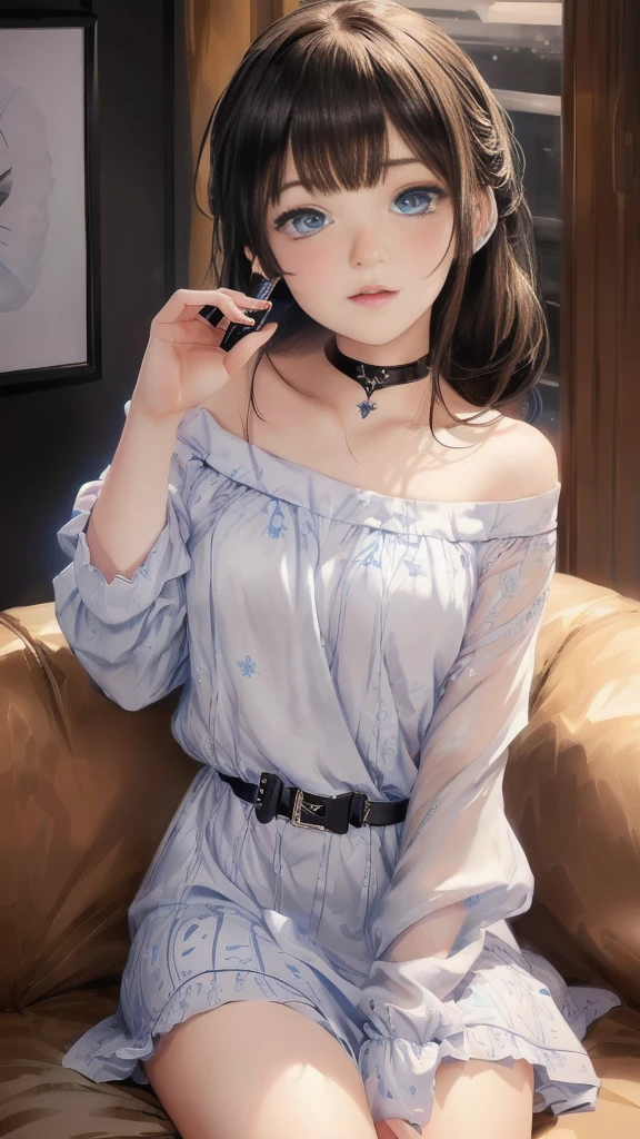 A blue-eyed anime girl is sitting on a sofa and holding a mobile phone, Enchanting anime girl, artwork in the style of Gwaiz, Attractive anime girl, [ 4K Digital Art ]!!,  In a dress, Highly detailed art gem, Beautiful and attractive anime teen, Beautiful and attractive anime woman, Gwaiz, Painted in an anime artist&#39;s studio, Beautiful Anime Girls