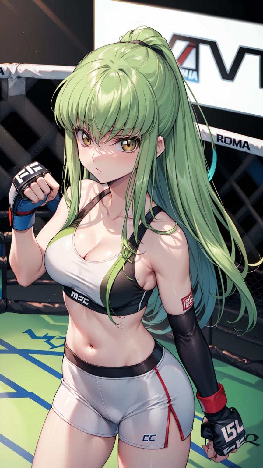 CC_Code Geass, Hair between the eyes, Very long hair 1 person, Bright light, glaring, alone, upper body shot, boxing stance, (masterpiece, Highest quality), 8k, Intricate details, (on MMA Arena :1.5), (wearing MMA uniform:1.5, white sports bra:1.5, black short spats:1.5, wearing MMA gloves:1.3, no sleeves), cleavage, belly button, slender body, slim,((Highest quality)), Sharp focus: 1.2, Highly detailed face, Highly detailed eye,Toned stomach,long legs, from above, looking at viewer, on front,