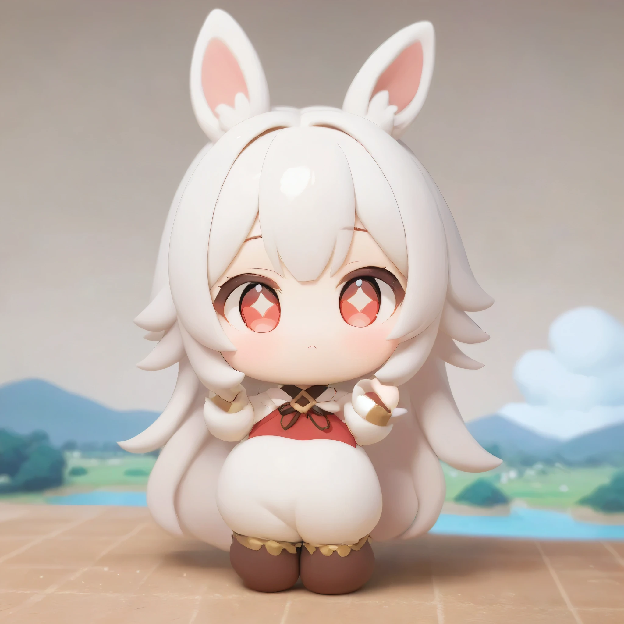 8k,wallpaper of extremely detailed CG unit, ​masterpiece, high resolution, top-quality, top-quality real texture skin, hyper realistic, digital painting, increase the resolution, RAW photos, best quality, highly detailed, the wallpaper, BREAK ,solo,1girl\((chibi:1.5),cute,kawaii,small kid,(white hair:1.4),(very long hair:1.6),bangs,(ear\(fluffy,white,rabbit-ear\):1.4),red eye,big eye,beautiful shiny eye,skin color white,big hairbow,(white frilled dress:1.3),breast,cute pose,clay\),background\(some roses,by the beautiful lake,beautiful sunny day\),clay animation,3d,oily,landscape