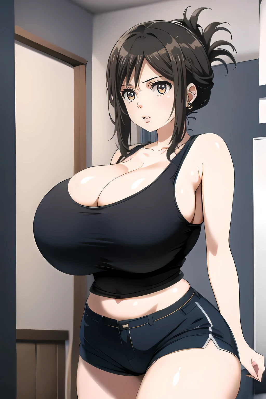 1girl, solo, breasts, bangs, brown hair, black hair, navel, cleavage, bare shoulders, brown eyes, standing, collarbone, sidelocks, thighs, cowboy shot, parted lips, shorts, midriff, indoors, huge breasts, crop top, short shorts, black shorts, tank top, folded ponytail, door, black tank top