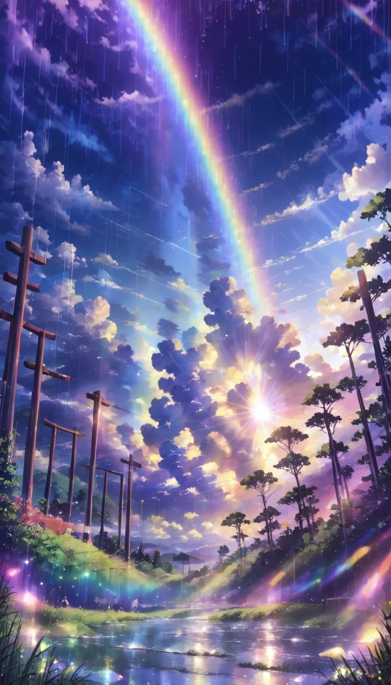 Beautiful sky, Beautiful Clouds, rain，grassland，(Crystal clear rain sparkles in the sky), masterpiece,High resolution,Wide-angle lens,rainbow色、rainbow、rainbow色の世界、sun，Dazzling Light，Light，Shine，torii，waterfall，Streaks of Light，High resolution, High resolution, 8k, masterpiece 2:1,16k, 超High resolution, 超High resolution, Born,wonderful ,future、rainbow色の、The world 30 years from now。